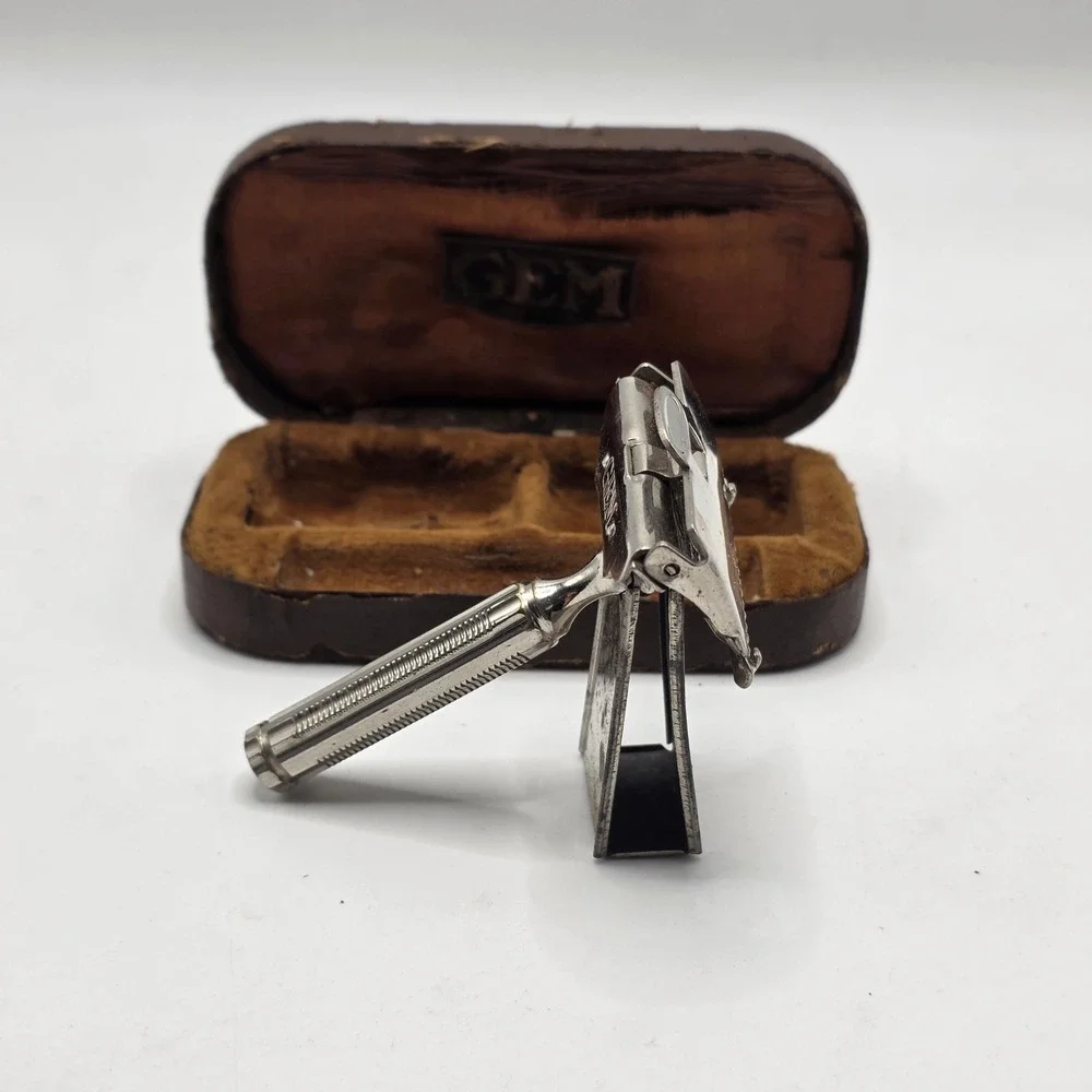 GEM Safety Razor Mens Silver 1912 Patent Vintage Shaving Travel Kit Case